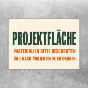 Projektfläche Aufkleber im Querformat mit farbigen Karten, Materialbox und Hinweis zum Beschriften und Entfernen.