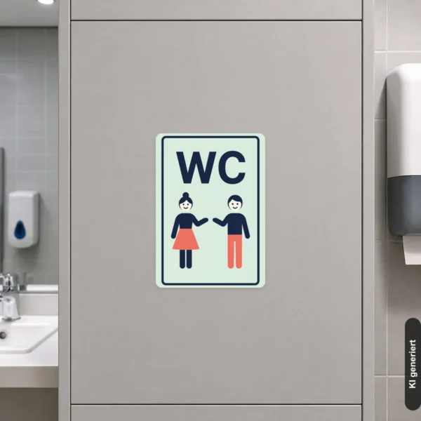 KI-generiertes Anwendungsbeispiel: WC Aufkleber im Hochformat an einer Tür zur klaren Kennzeichnung des Sanitärbereichs, farbig und gut sichtbar.