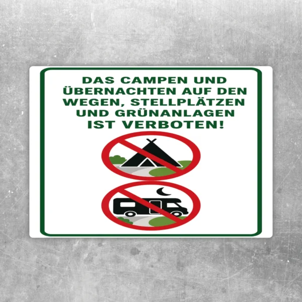 Camping und Übernachten verboten Aufkleber mit Zelt- und Wohnmobilmotiv, rotem Verbotssymbol und grünem Rahmen.