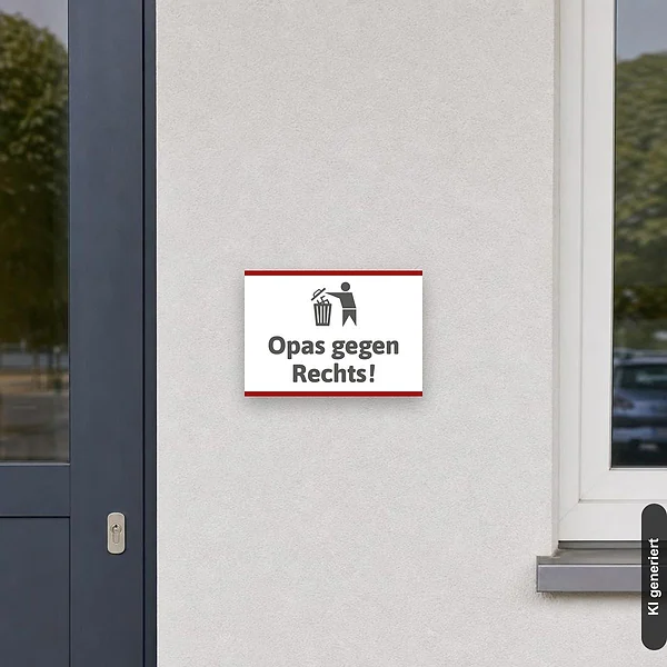 KI-generiertes Anwendungsbeispiel für Schild Opas gegen Rechts: Schild klein und realistisch am passenden Einsatzort dargestellt.