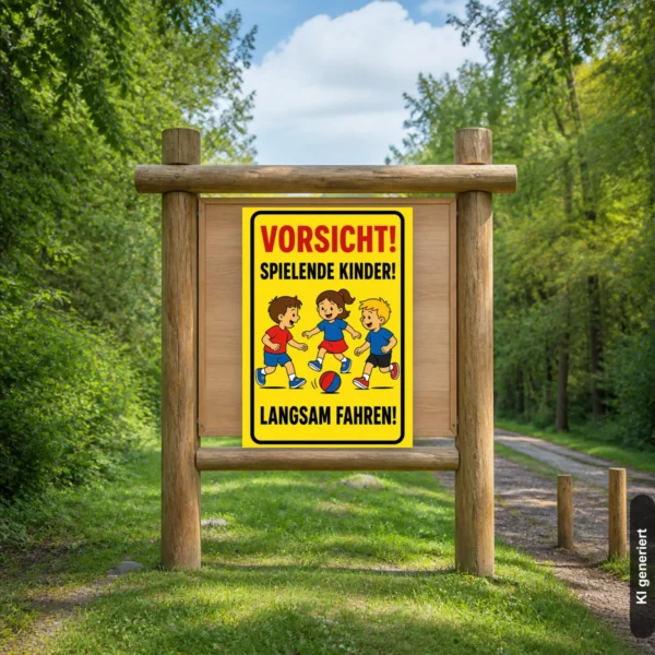 KI-generiertes Anwendungsbeispiel: Gelbes Vorsicht spielende Kinder Schild mit Text „Langsam fahren!“ für die Einfahrt vor einem Wohnhaus.