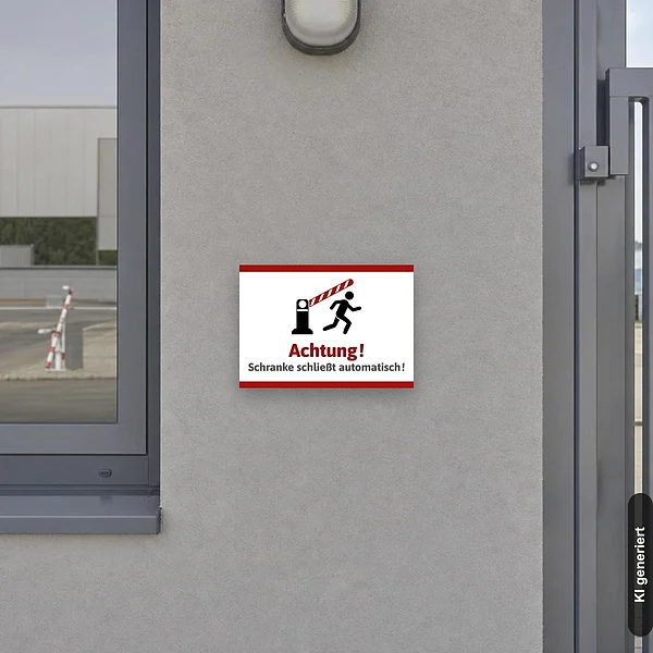 KI-generiertes Anwendungsbeispiel für Warnschild Schranke schließt automatisch: Schild klein und realistisch am passenden Einsatzort dargestellt.