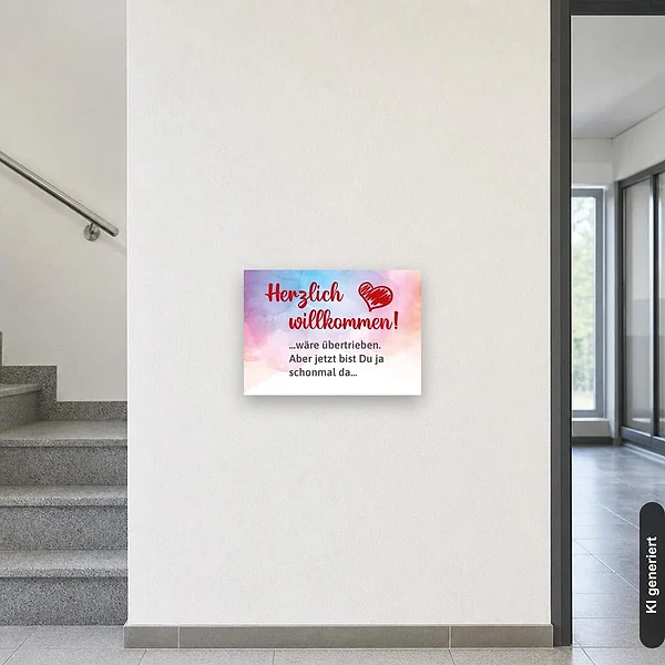 KI-generiertes Anwendungsbeispiel für Schild Herzlich willkommen wäre übertrieben aber jetzt bist du ja schonmal da: Schild klein und realistisch am passenden Einsatzort dargestellt.