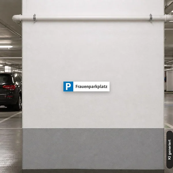 KI-generiertes Anwendungsbeispiel für Schild Frauenparkplatz Kennzeichenschild Parkplatz: Schild klein und realistisch am passenden Einsatzort dargestellt.