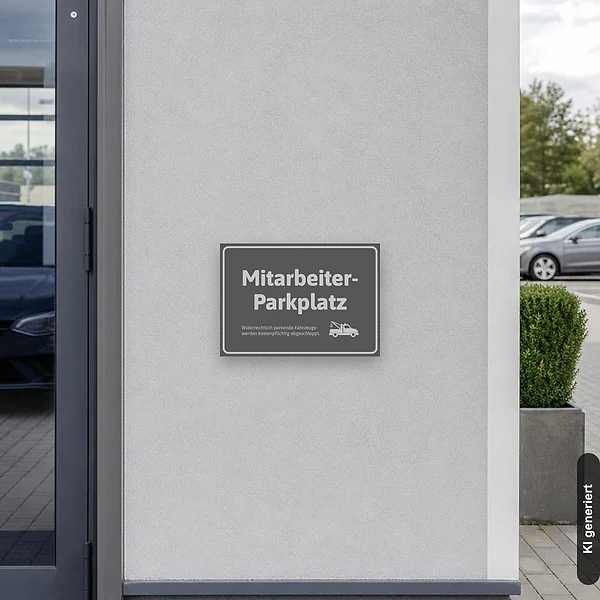 KI-generiertes Anwendungsbeispiel für Schild Mitarbeiterparkplatz mit Abschlepper grau edel: Schild klein und realistisch am passenden Einsatzort dargestellt.