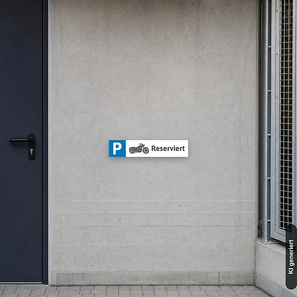 KI-generiertes Anwendungsbeispiel für Schild Motorrad Parkplatz Parkplatzschild Reserviert: Schild klein und realistisch am passenden Einsatzort dargestellt.