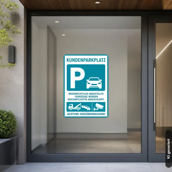 KI-generiertes Anwendungsbeispiel: Kundenparkplatz Aufkleber in Türkis und Weiß mit Abschlepphinweis und Videoüberwachung.