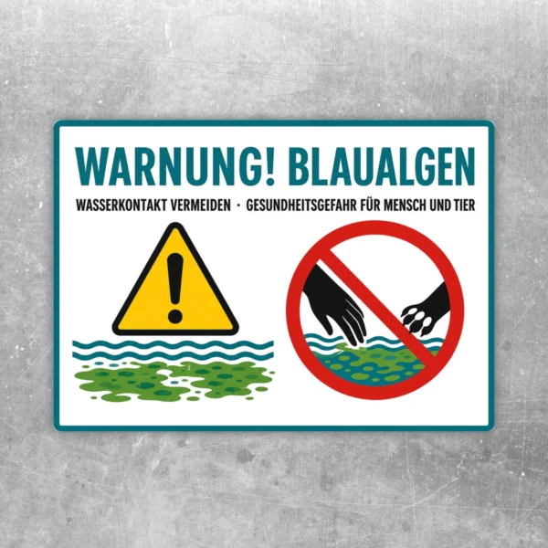 Warnung Blaualgen Aufkleber mit gelbem Warndreieck, rotem Verbotssymbol und türkis-grüner Wasser-Alarmgrafik.