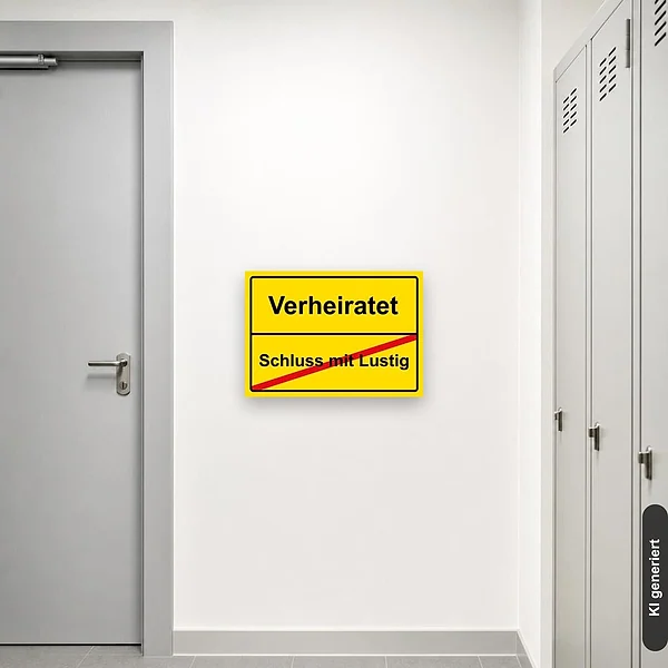 KI-generiertes Anwendungsbeispiel für Schild Schluss mit lustig - Verheiratet, Hochzeit, Hochzeitsgeschenk, Jungesellenabschluss Geschenkidee: Schild klein und realistisch am passenden Einsatzort dargestellt.