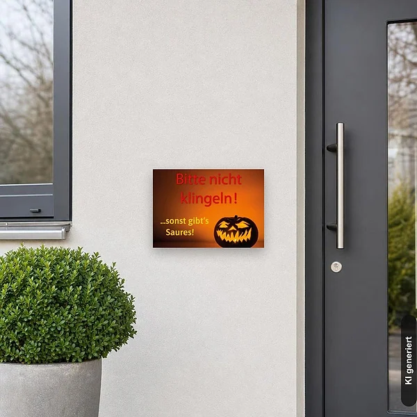 KI-generiertes Anwendungsbeispiel für Schild Halloween Bitte nicht klingeln sonst gibts Saures: Schild klein und realistisch am passenden Einsatzort dargestellt.