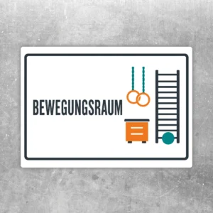 Bewegungsraum Aufkleber mit Turnringen, Leiter und Kasten für Kita, Schule und Turnraum in weiß, dunkelgrau, orange und türkis.