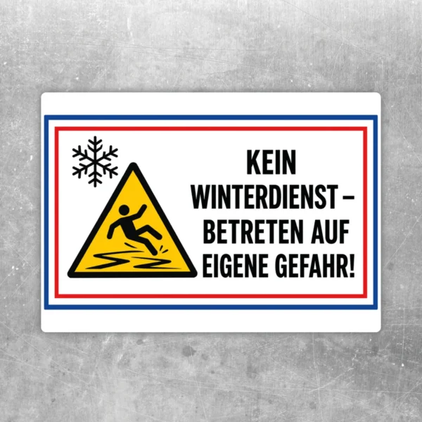 Kein Winterdienst Aufkleber mit Warnsymbol, Schneeflocke und klarer Betreten-auf-eigene-Gefahr-Botschaft in Querformat.