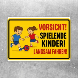Aufkleber mit gelbem Warnmotiv und spielenden Kindern sowie dem Text Vorsicht spielende Kinder langsam fahren.