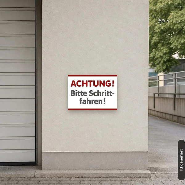 KI-generiertes Anwendungsbeispiel für Schild Achtung! Bitte Schrittfahren!: Schild klein und realistisch am passenden Einsatzort dargestellt.