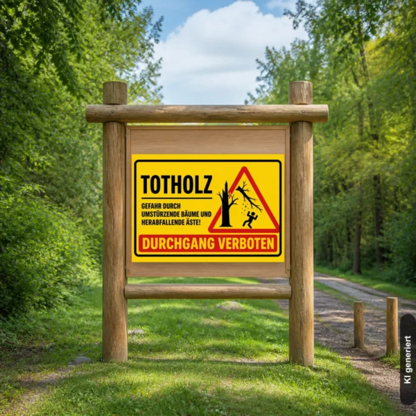 KI-generiertes Anwendungsbeispiel: Gelbes Totholz-Durchgang-verboten-Warnschild an einem Waldweg mit Hinweis auf umstürzende Bäume und Äste.