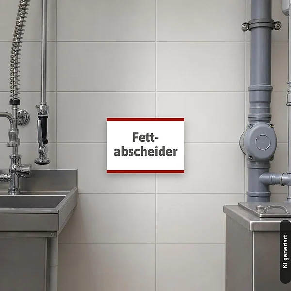 KI-generiertes Anwendungsbeispiel für Fettabscheider Hinweisschild: Schild klein und realistisch am passenden Einsatzort dargestellt.