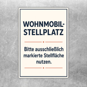 Wohnmobil Stellplatz Aufkleber im Hochformat mit Camper-Illustration und Hinweis zur markierten Stellfläche.