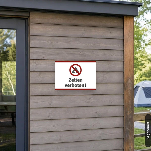 KI-generiertes Anwendungsbeispiel für Schild Zelten verboten: Schild klein und realistisch am passenden Einsatzort dargestellt.