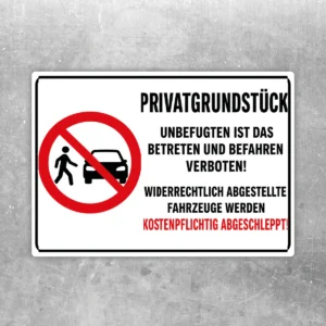 Abschlepphinweis für Privatgrundstück Aufkleber mit rotem Verbotssymbol, schwarzem Text und klarer Warnbotschaft.