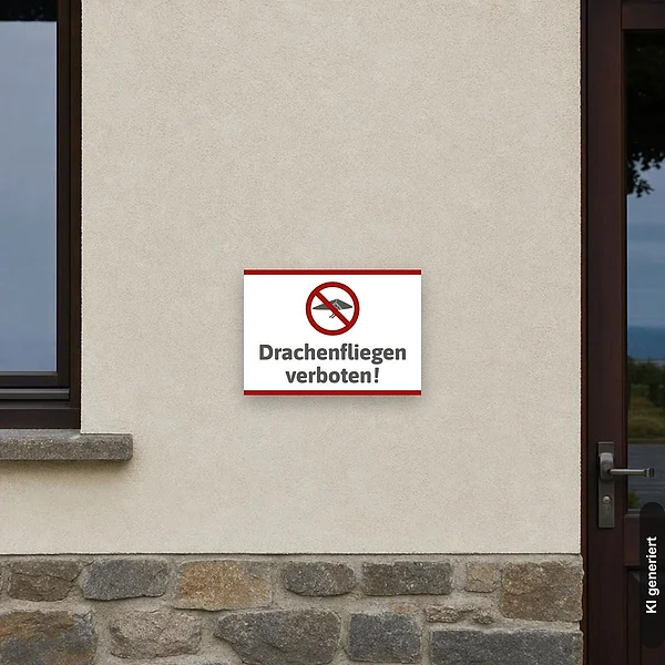 KI-generiertes Anwendungsbeispiel für Schild Drachenfliegen verboten: Schild klein und realistisch am passenden Einsatzort dargestellt.