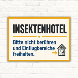 Insektenhotel Schild mit Wortlaut „Bitte nicht berühren und Einflugbereiche freihalten“ als bedrucktes Hinweisschild.