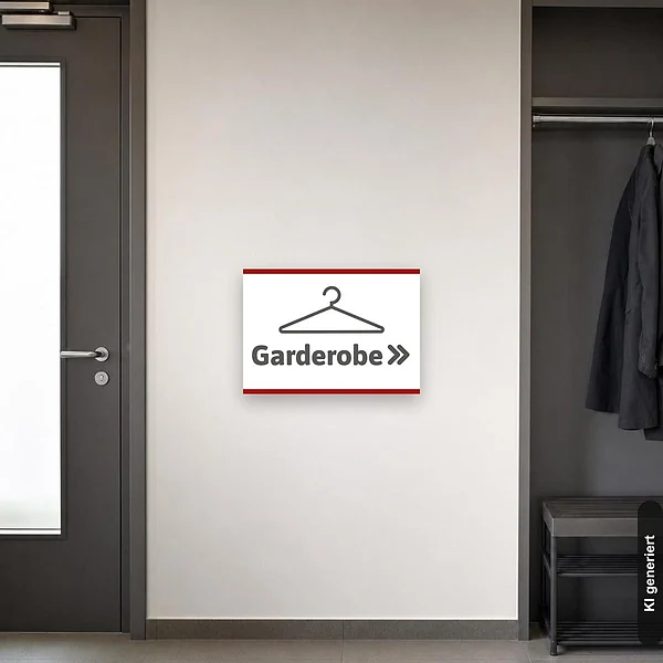 KI-generiertes Anwendungsbeispiel für Schild Garderobe rechts mit Pfeil: Schild klein und realistisch am passenden Einsatzort dargestellt.