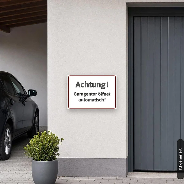 KI-generiertes Anwendungsbeispiel für Schild Achtung Garagentor öffnet automatisch: Schild klein und realistisch am passenden Einsatzort dargestellt.