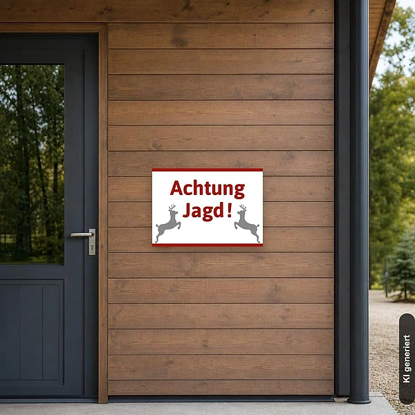 KI-generiertes Anwendungsbeispiel für Schild Achtung Jagd Warnung Jäger: Schild klein und realistisch am passenden Einsatzort dargestellt.