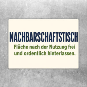 Nachbarschaftstisch Aufkleber im Querformat mit Hinweis, Tischfläche nach Nutzung frei und ordentlich zu hinterlassen.