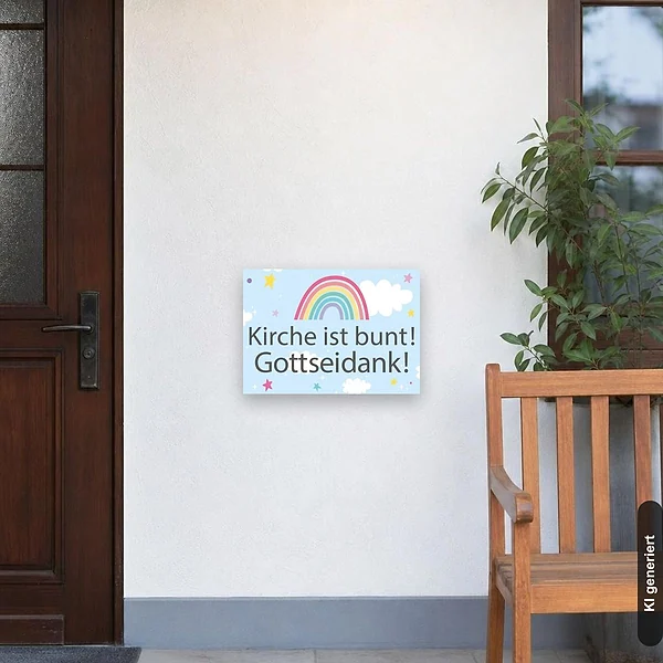 KI-generiertes Anwendungsbeispiel für Schild Kirche Homosexuell Quere Regenbogen bunt: Schild klein und realistisch am passenden Einsatzort dargestellt.