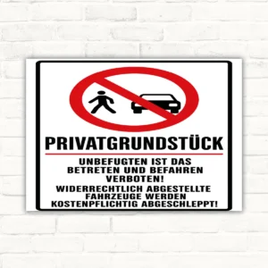 Parkverbotsschild mit rotem Verbotssymbol, Privatgrundstück und Abschlepphinweis als Alu-Verbundschild.