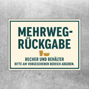 Mehrweg Rückgabe Aufkleber im Querformat mit Illustration einer Person, die Becher und Behälter an einer Theke abgibt.
