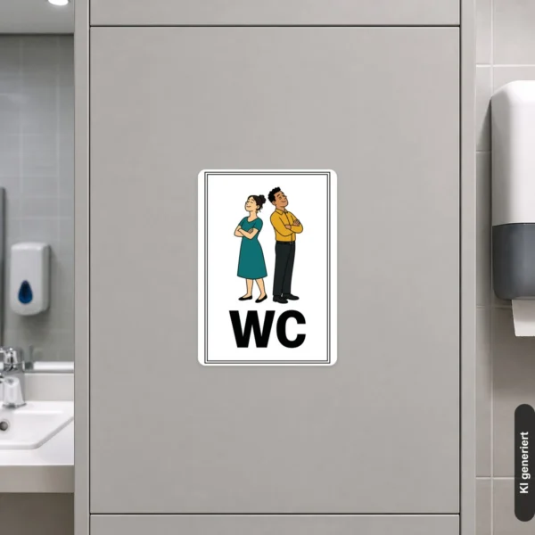KI-generiertes Anwendungsbeispiel: WC Aufkleber mit Symbolen für Damen und Herren an einer glatten Tür zur klaren Sanitärkennzeichnung.
