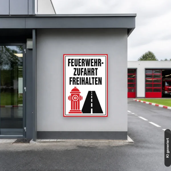 KI-generiertes Anwendungsbeispiel: Feuerwehrzufahrt freihalten Schild am passenden Einsatzort mit gut sichtbarem Motiv und klarer Beschriftung.