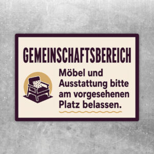 Aufkleber Gemeinschaftsbereich mit Möbel-Illustration und Hinweis, Ausstattung am vorgesehenen Platz zu belassen.