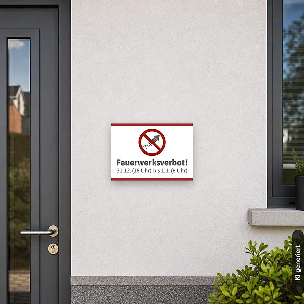 KI-generiertes Anwendungsbeispiel für Schild Feuerwerksverbot: Schild klein und realistisch am passenden Einsatzort dargestellt.