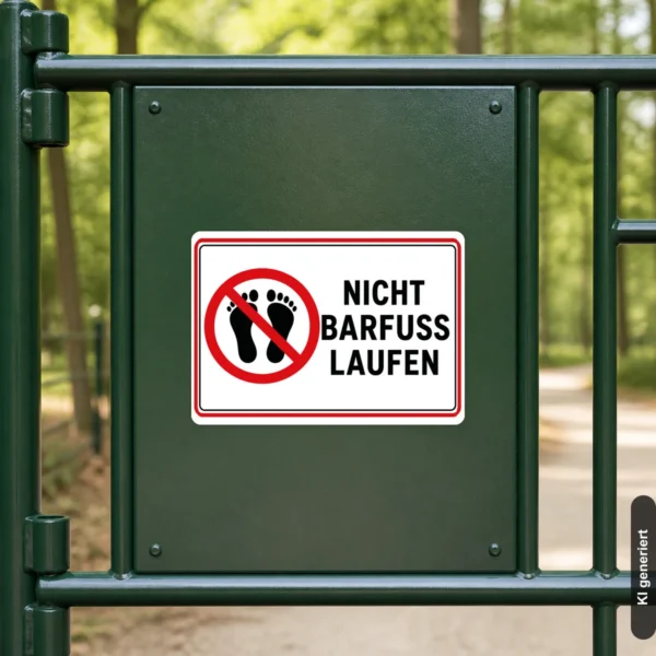 KI-generiertes Anwendungsbeispiel: Nicht barfuß laufen Aufkleber im Querformat mit rotem Verbotssymbol an einer sauberen Glastür.