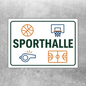 Aufkleber mit Sporthallenmotiv, Basketball, Pfeife und Spielfeld in Grün, Orange und Blau auf weißem Hintergrund.