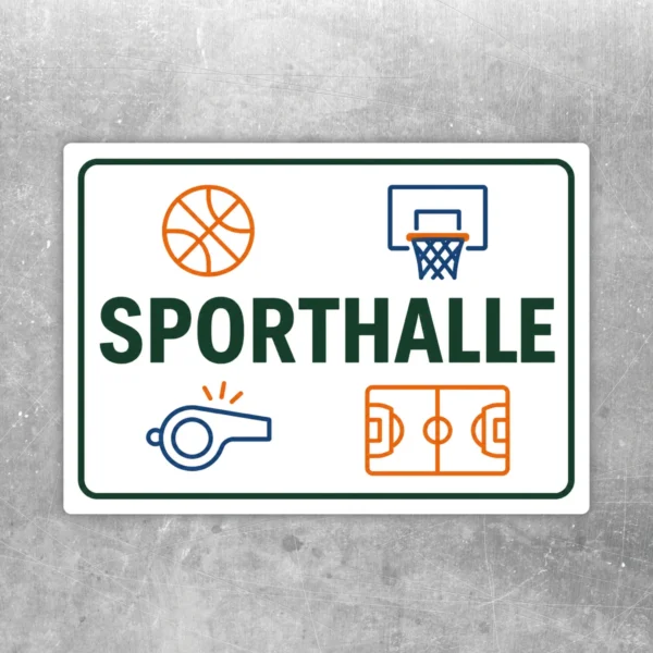 Aufkleber mit Sporthallenmotiv, Basketball, Pfeife und Spielfeld in Grün, Orange und Blau auf weißem Hintergrund.