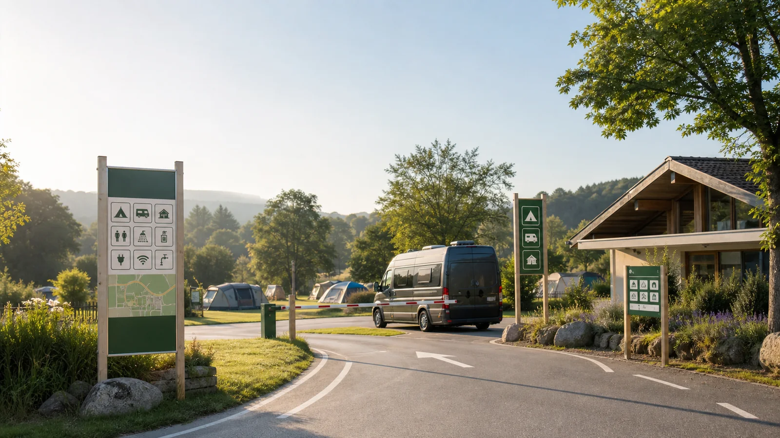 KI-generierte Beispielszene: beschilderte Campingplatz-Einfahrt mit Rezeption und Wohnmobil.