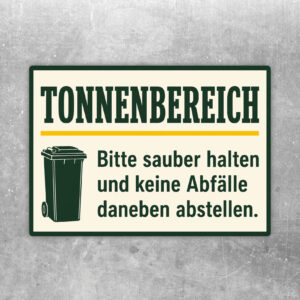 Tonnenbereich Aufkleber mit Mülltonnenmotiv und Text Bitte sauber halten und keine Abfälle daneben abstellen.