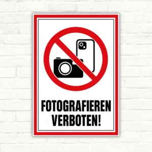 Fotografieren verboten Schild mit Kamerasymbol mit gut lesbarem Motiv und klarer Beschriftung als bedrucktes Schild aus Aluminium-Verbundplatte.