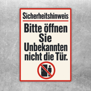 Aufkleber mit Sicherheitshinweis „Bitte öffnen Sie Unbekannten nicht die Tür“ und Wohnungsflur-Motiv.