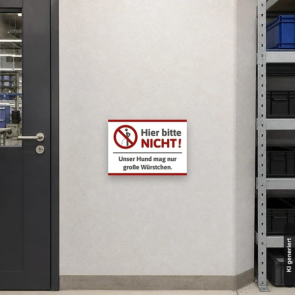 KI-generiertes Anwendungsbeispiel für Hier nicht pinkeln / urinieren – Unser Hund mag nur große Würstchen: Schild klein und realistisch am passenden Einsatzort dargestellt.