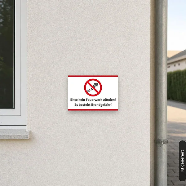 KI-generiertes Anwendungsbeispiel für Schild Bitte kein Feuerwerk zünden. Es besteht Brandgefahr!: Schild klein und realistisch am passenden Einsatzort dargestellt.