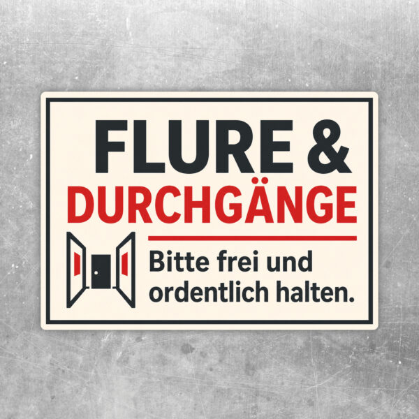 Aufkleber mit Flurmotiv und Text Flure & Durchgänge bitte frei und ordentlich halten in Creme, Grün und Rot.