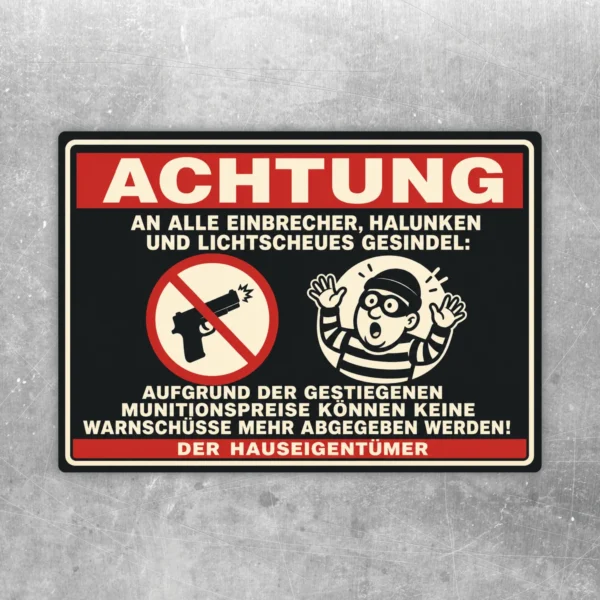 Achtung Einbrecher Humor Aufkleber mit rotem Warnkopf, Dieb-Symbol und auffälliger Kontrastgestaltung auf dunklem Hintergrund.