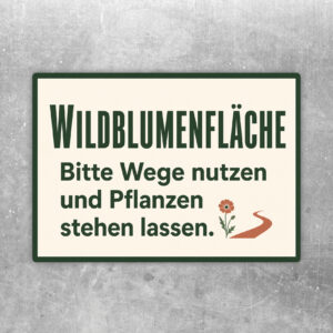 Wildblumenfläche Aufkleber mit Text Bitte Wege nutzen und Pflanzen stehen lassen vor bunter Blühwiese im Querformat.