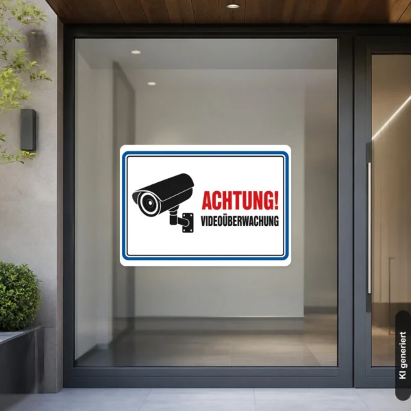 KI-generiertes Anwendungsbeispiel: Querformat-Aufkleber mit Kamera-Symbol und Warntext „Achtung! Videoüberwachung“ für eine Glastür.