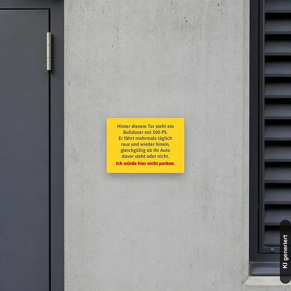 KI-generiertes Anwendungsbeispiel für Schild Parken verboten witzig: Schild klein und realistisch am passenden Einsatzort dargestellt.